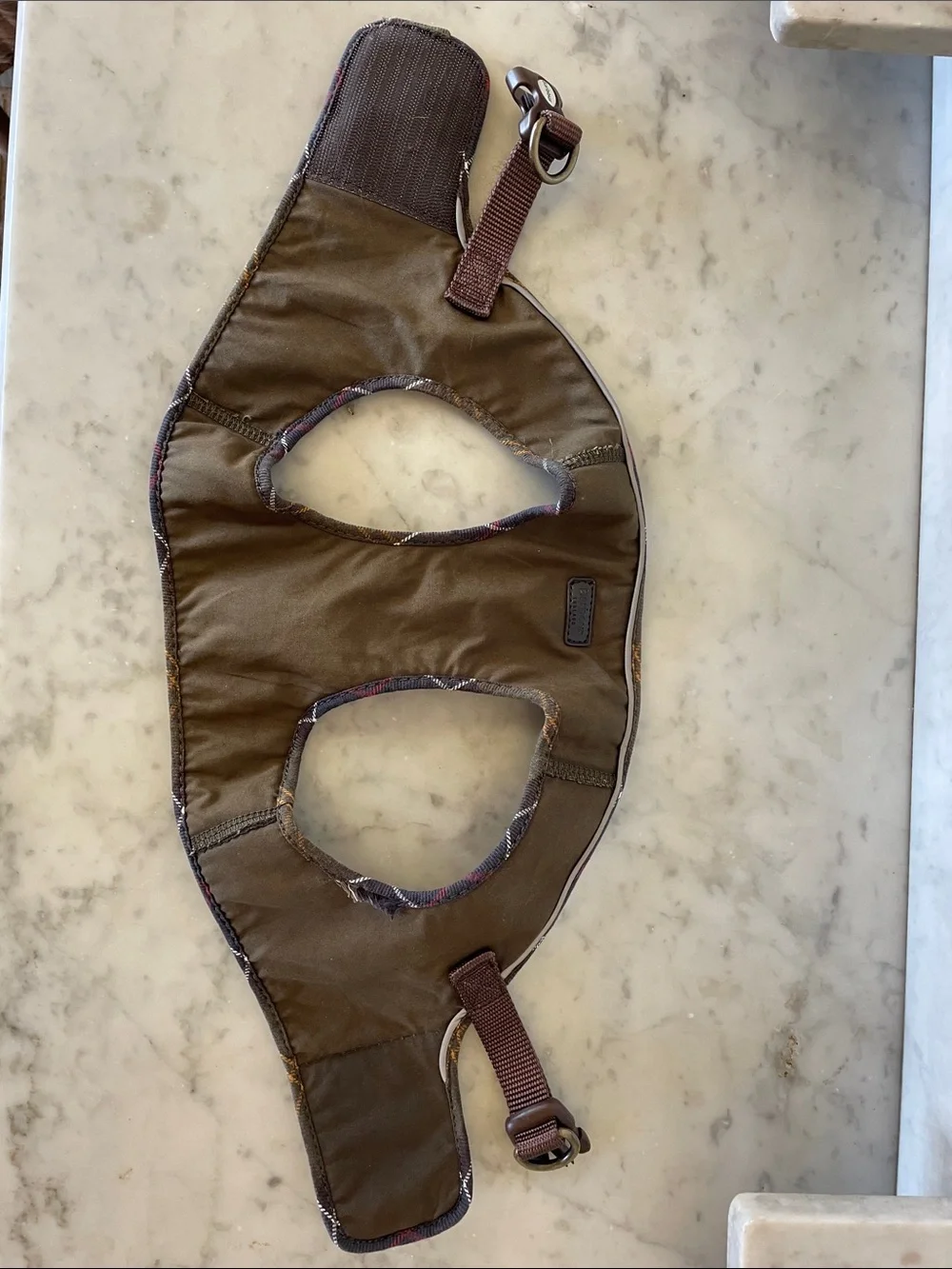 BARBOUR England Olive and Brown Dog Wax Step In Harness with Plaid Trim Large